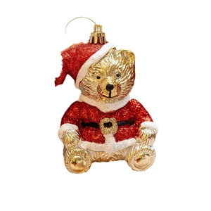 Golden Christmas bear ornament with red sequin festive outfit and Santa hat on white background