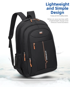 Detail view of lightweight black backpack showing multiple zippers and orange pullers
