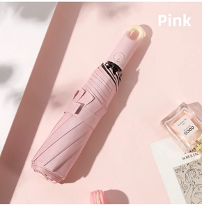 Close-up of pink automatic umbrella handle with a unique circular hook design