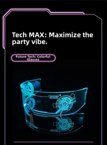Macro detail of cyberpunk LED glasses with neon blue patterns and reflective lens surface