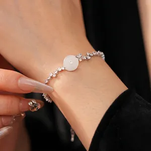 Elegant white chalcedony circle bracelet with cubic zirconia paving in silver plating