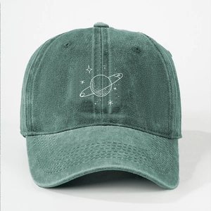 Vintage green washed cotton baseball cap with white embroidered planet design