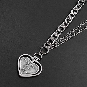Retro hip-hop double-layer titanium steel heart pendant necklace with engraved text detail