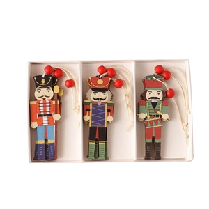 Three-piece nutcracker soldier wooden Christmas ornaments in a white gift box set