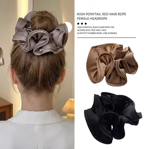 French vintage satin hair scrunchies in grey, coffee, and black for elegant ponytails