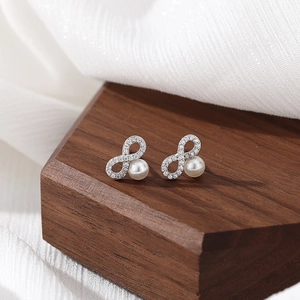 Infinity Symbol Artificial Pearl Stud Earrings With 925 Sterling Silver Earring Post Elegant Rhinestone Jewelry Gift For Women