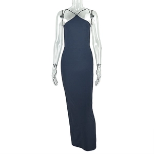 Detail of elegant dark blue halter neck bodycon dress showing backless cut and knit texture