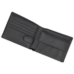 Detailed view of the black leather wallet interior featuring card slots and a coin pocket
