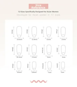 Size chart showing 12 different nail sizes for long press-on nails with measurements