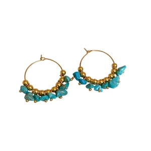 Bohemian gold hoop earrings with irregular turquoise stones and polished gold metal beads