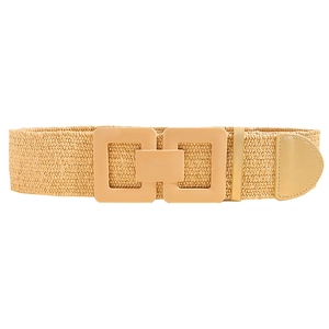 Khaki bohemian woven grass belt featuring a geometric beige resin buckle and leather ends