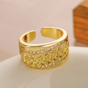 18K gold plated wide open ring with honeycomb cutout design and sparkling cubic zirconia