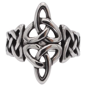 Detailed top view of a silver Viking Celtic knot ring with complex woven textures
