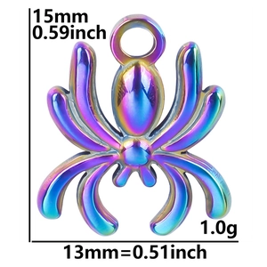 Detailed view of rainbow stainless steel spider charm with size 15mm by 13mm and 1.0g weight