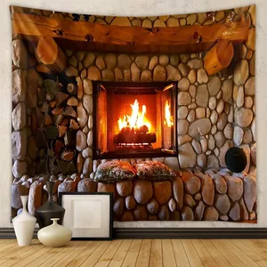 Realistic Fireplace Wall Tapestry Polyester Fabric Stone Hearth 3D Print Warm Fire Hanging Cloth For Cozy Home Bedroom Decor