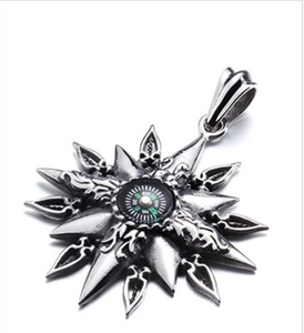 Men's stainless steel necklace with silver compass pendant in a starburst design