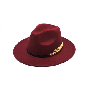British style wine red wool felt fedora hat featuring a black band and gold leaf ornament