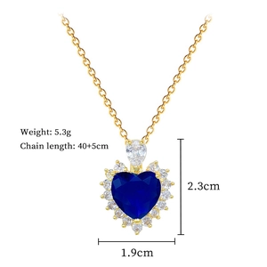 Detailed dimensions of heart pendant necklace with blue zircon and pavé setting