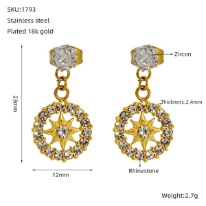 Detailed size chart of gold star zircon earrings with 18k plating and rhinestones