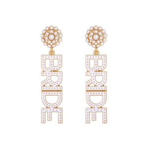 Elegant gold-tone bridal drop earrings featuring BRIDE lettering and faux pearls