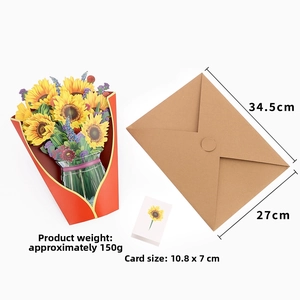 Detailed view of 3D sunflower pop-up card set with envelope and small note card specs