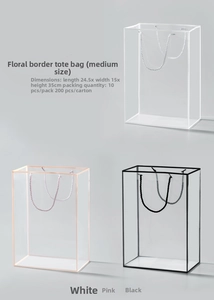 Medium transparent gift bag with woven handles and border in white pink and black