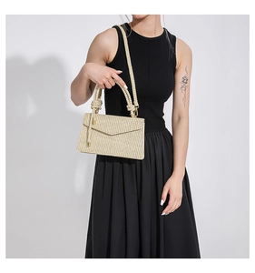 Detailed close-up of beige woven texture and gold hardware on a crossbody bag