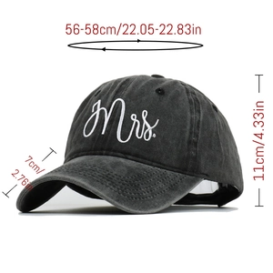 Detail view of Mrs. embroidery on vintage black washed cotton baseball cap with dimensions