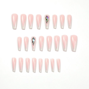 Pink and white V-shape French long coffin press-on nails with rhinestone accents