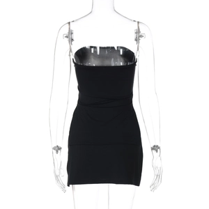 Detailed back view of a sexy black tube top and bodycon mini skirt set for women