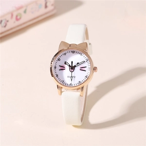 Cute cat-ear quartz watch with white leather strap and rose gold rose gold cat face dial