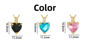 Detailed size specifications for heart pendant in black, blue, and pink gold plating