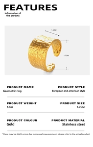 Detail view of 1.4cm wide gold stainless steel cuff ring with hammered metal texture