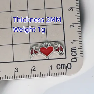 Red heart angel wing alloy pendant for DIY jewelry making, 2mm thickness and 1g weight