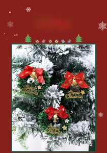 Set of three mini Christmas wreaths with red velvet bows and gold Merry Christmas signs