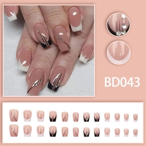 French press-on nails with black lines, silver glitter, and rhinestones, 24 pieces set