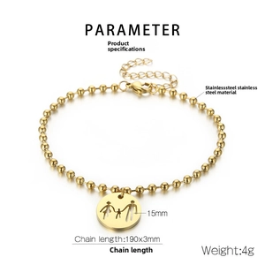 Detailed view of golden stainless steel bead bracelet with a family silhouette pendant