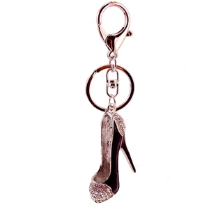 Silver alloy high heel shoe keychain with black enamel and sparkling rhinestones