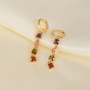 Gold Plated Copper Colorful Square Zirconia Long Drop Earrings For Women Elegant Geometric Inlaid Rectangular CZ Wedding Jewelry