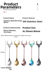Detailed dimensions of 304 stainless steel spoons with bull head design in five finishes