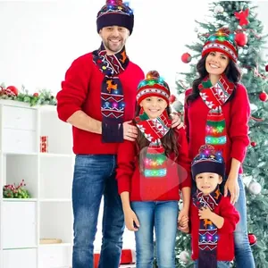 Family wearing festive LED Christmas hats and scarves with reindeer and snowflake knit patterns