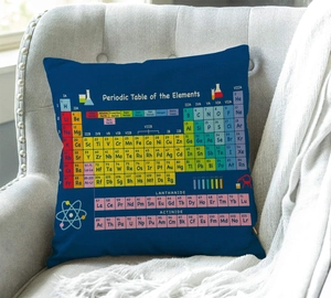 Detailed close-up of periodic table print on a navy blue square fabric pillowcase