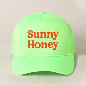 Neon green Sunny Honey trucker hat with orange print and breathable mesh design