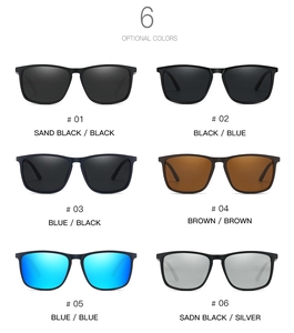 Detailed grid showing six color options of polarized square frame sunglasses with tinted lenses