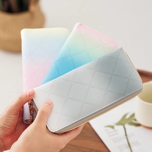 Women Long Wallet PU Leather Quilted Rhombus Pattern Gradient Color Large Capacity Zip Around Clutch Phone Purse Handbag