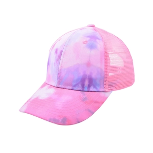 Pink and purple tie-dye trucker hat with breathable mesh back on white background