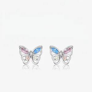 Schmetterling Ohrstecker 925 Sterling Silber Bunte Zirkonia Süß Elegant Minimalistisch Koreanisch Mode Schmuck Frauen