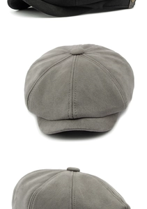Detalle de gorra de vendedor de periódicos en ante gris con ocho paneles y botón superior