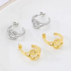 Orecchini A Cerchio A Forma Di C In Acciaio Inossidabile Design A Nodo Intrecciato Placcato Oro 18K Geometrico Per Donne