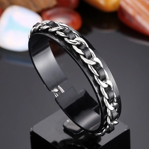 Bracelet Chaîne Cubaine Acier Inoxydable Et Cuir De Vache Noir Tissé Bijoux De Main Minimalistes Pour Hommes Femmes